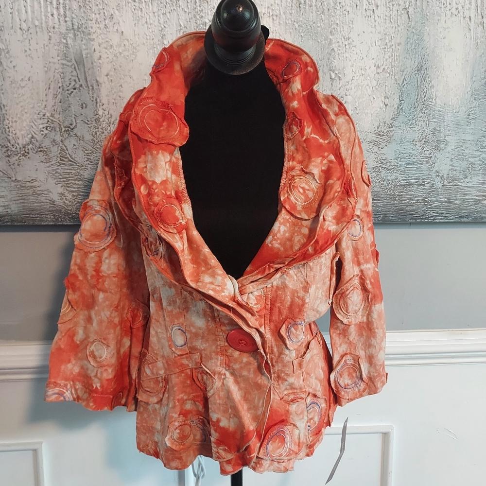 Design Todays 100% Linen Embroidered Patchwork Ruffled Orange Jacket Sz-L
